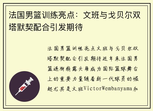 法国男篮训练亮点：文班与戈贝尔双塔默契配合引发期待