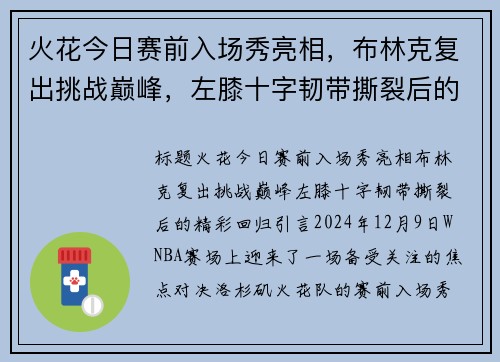 火花今日赛前入场秀亮相，布林克复出挑战巅峰，左膝十字韧带撕裂后的精彩回归